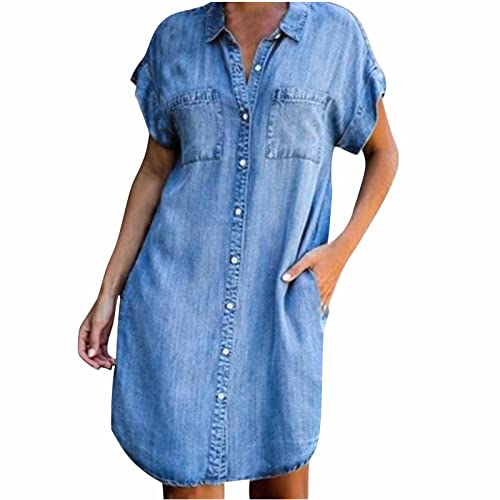 Jeanskleid Kurzarm Damen Sommer Denimkleid Knielang Tunika Blusenkleid Lässig Vintage A-Linie Kleid V-Ausschnitt Elegant Strandkleid mit Taschen Sommerkleid Trendige Streetwear von EMATOP