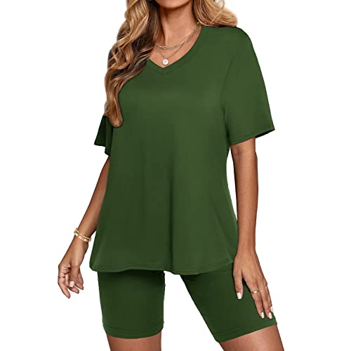 EMATOP Jogginganzug Damen Sommer Sports Outfits Elegant Kurzarm Top Shorts Set Casual Einfarbig Sportanzug Baumwolle V-Ausschnitt Freizeitanzug 2 Teiler Set T-Shirt + Kurz Hosen Streetwear von EMATOP