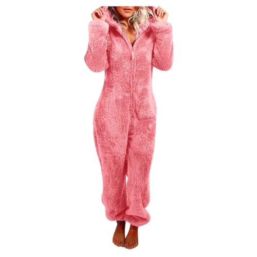 Jumpsuit Damen Kuschelig Einteiler Overall Lange Warm Schlafanzug Teddy Fleece Schlafoverall Winter Flauschig Onesie Einfarbig Plüsch Hausanzug mit Kapuze Pyjama Anzug Ganzkörperanzug von EMATOP