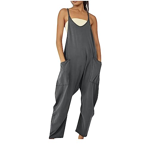 Jumpsuits für Damen Ärmellos Sommer Latzhose Lange Elegant Playsuit Casual V-Ausschnitt Träger Overall Locker Einfarbig Arbeitshose mit Taschen Einteiler Romper Leicht Bequem Sommerhose von EMATOP