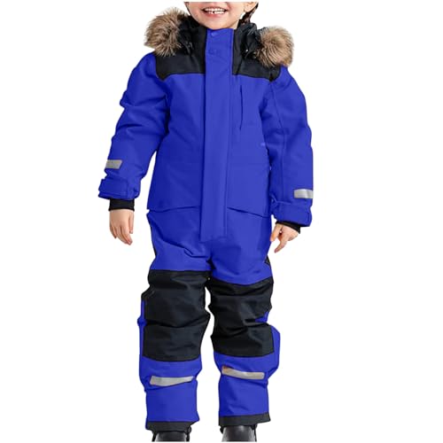 Kinder Schneeanzug Wasserdicht Atmungsaktiv Skianzüge mit Kapuze Schneeoverall Dickere Warm Skioverall Farbblock Einteiliger Thermo Regenoverall Jungen Mädchen Funktionsanzug Outdoor (120, Blau) von EMATOP