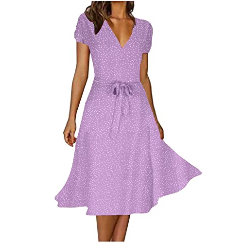 Kleider Damen Sommer Elegant Chiffonkleid Sexy V-Ausschnitt Freizeitkleider Hohe Taille A-Linie Kleid Casual Kurzarm Sommerkleid Vintage Boho Strandkleid Knielang Blumen Midikleid von EMATOP