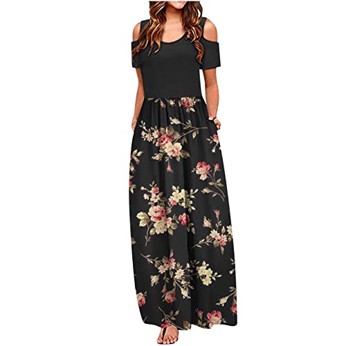 Kleider Damen Sommer Kurzarm Freizeitkleid mit Taschen Shirtkleider Lang Elegant Boho Strandkleid Lässig Lose Sommerkleider Schulterfrei Hohe Taille Maxikleider A-Linie Blumenkleid von EMATOP