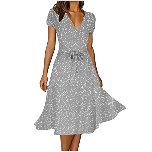 Kleider Damen Sommer Lang Strandkleid Lässig Chiffon Sommerkleid Knielang A Line Midikleid V-Ausschnitt Kurzarm Freizeitkleid Elegant Hohe Taille Boho Kleid Partykleid Angebot des Tages Heute von EMATOP