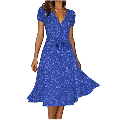 Kleider Damen Sommer Lang Strandkleid Lässig Chiffon Sommerkleid Knielang A Line Midikleid V-Ausschnitt Kurzarm Freizeitkleid Elegant Hohe Taille Boho Kleid Partykleid Angebot des Tages Heute von EMATOP