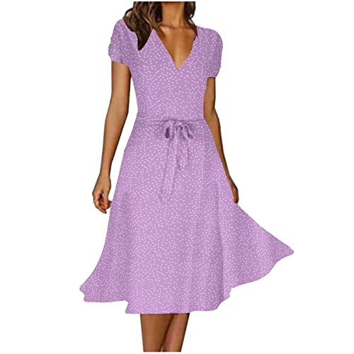 Kleider Damen Sommer Lang Strandkleid Lässig Chiffon Sommerkleid Knielang A Line Midikleid V-Ausschnitt Kurzarm Freizeitkleid Elegant Hohe Taille Boho Kleid Partykleid befristetes Angebot von EMATOP