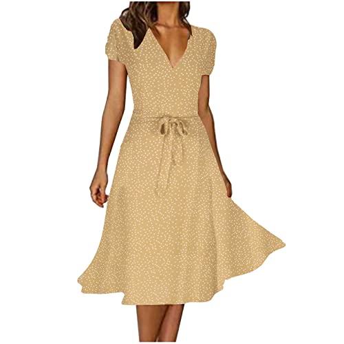 Kleider Damen Sommer Lang Strandkleid Lässig Chiffon Sommerkleid Knielang A Line Midikleid V-Ausschnitt Kurzarm Freizeitkleid Elegant Hohe Taille Boho Kleid Partykleid sonderangebote & Restposten von EMATOP