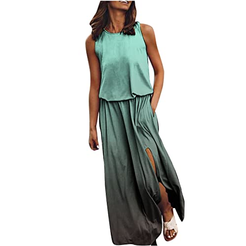 Lang Sommerkleid Damen Elegant T Shirt Kleid Sommer Casual Maxikleid Ärmellos Sexy Strandkleid Lässiges Lockeres Langes Kleider mit Schlitz Shirtkleider Baumwolle Farbblock Freizeitkleid von EMATOP