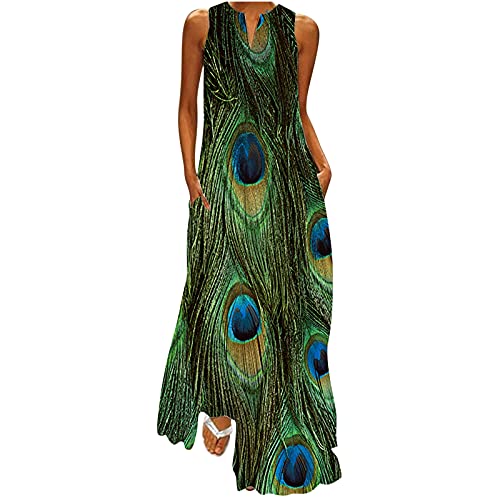 Lange Sommerkleid Damen Ärmelloses Elegant Maxikleid Sommer Boho Strandkleid V-Ausschnitt Leicht A-Line Kleider Luftig Trägerkleid mit Taschen Freizeitkleid Bunte Blumen Shirtkleider von EMATOP