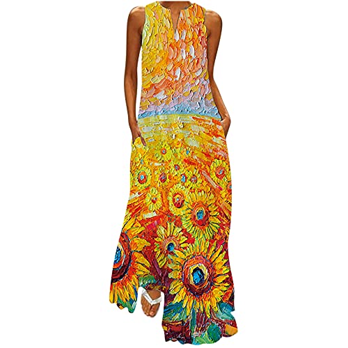 Lange Sommerkleid Damen Ärmelloses Elegant Maxikleid Sommer Boho Strandkleid V-Ausschnitt Leicht A-Line Kleider Luftig Trägerkleid mit Taschen Freizeitkleid Bunte Blumen Shirtkleider von EMATOP