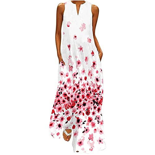 Lange Sommerkleid Damen Ärmelloses Elegant Maxikleid Sommer Boho Strandkleid V-Ausschnitt Leicht A-Line Kleider Luftig Trägerkleid mit Taschen Freizeitkleid Bunte Blumen Shirtkleider von EMATOP