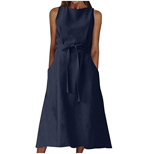 Leinen Kleider Damen Sommer Strandkleid Langes Baumwoll Shirtkleid Baggy Einfarbig Sommerkleid mit Taschen Freizeitkleider Ärmellos Elegant Midikleid Hohe Taille A-Linie Partykleid von EMATOP