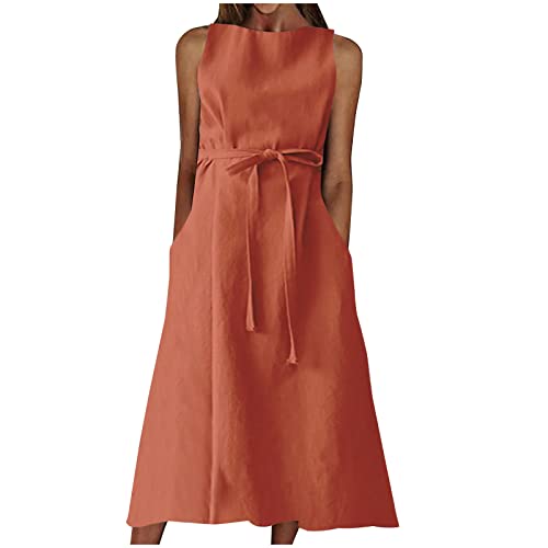 Leinen Kleider Damen Sommer Strandkleid Langes Baumwoll Shirtkleid Baggy Einfarbig Sommerkleid mit Taschen Freizeitkleider Ärmellos Elegant Midikleid Hohe Taille A-Linie Partykleid von EMATOP