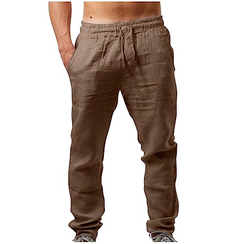 Leinenhose Herren Lang Leicht Stoffhose Casual Einfarbig Sommerhose Loose Fit Bequeme Freizeithose Freizeit Business Hosen Elastische Taille Chino Hose mit Taschen Jogginghose für Urlaub von EMATOP