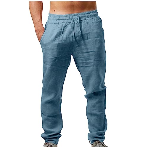 Leinenhose Herren Lang Leicht Stoffhose Casual Einfarbig Sommerhose Loose Fit Bequeme Freizeithose Freizeit Business Hosen Elastische Taille Chino Hose mit Taschen Jogginghose für Urlaub von EMATOP