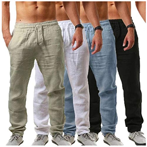 Leinenhose Herren Lang Leicht Stoffhose Casual Einfarbig Sommerhose Loose Fit Bequeme Freizeithose Freizeit Business Hosen Elastische Taille Chino Hose mit Taschen Jogginghose für Urlaub von EMATOP