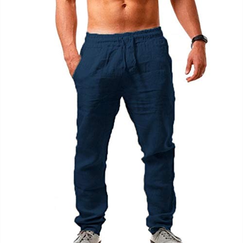 Leinenhose Herren Lang Leicht Stoffhose Casual Einfarbig Sommerhose Loose Fit Bequeme Freizeithose Freizeit Business Hosen Elastische Taille Chino Hose mit Taschen Jogginghose für Urlaub von EMATOP