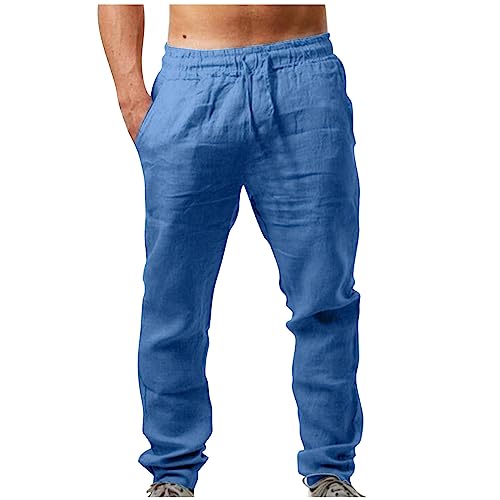 Leinenhose Herren Lang Leicht Stoffhose Casual Einfarbig Sommerhose Loose Fit Bequeme Freizeithose Freizeit Business Hosen Elastische Taille Chino Hose mit Taschen Jogginghose für Urlaub von EMATOP
