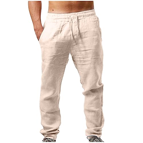 Leinenhose Herren Lang Leicht Stoffhose Casual Einfarbig Sommerhose Loose Fit Bequeme Freizeithose Freizeit Business Hosen Elastische Taille Chino Hose mit Taschen Jogginghose für Urlaub von EMATOP