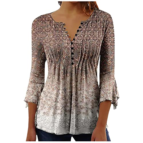 Longshirt Damen Elegant V-Ausschnitt Tunika Shirt Lässige 3/4 Ärmel Oberteile Vintage Baumwolle Bluse Tops Schön Blumen Druck Sommershirts Knopfleiste Plissiert T-Shirt Streetwear Longshirt Damen Elegant V-Ausschnitt Tunika Shirt Lässige 3/4 Ärmel Oberteile Vintage Baumwolle Bluse Tops Schön Blumen Druck Sommershirts Knopfleiste Plissiert T-Shirt Streetwear von EMATOP