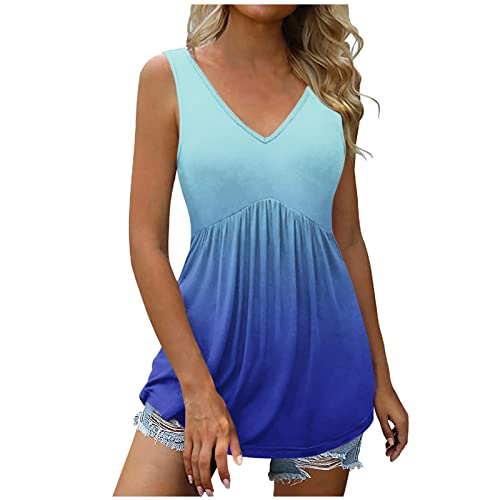 Longshirt Damen Sommer Tank Top Casual Ärmellose T Shirt Locker V-Ausschnitt Oberteile Sexy Hohe Taille Weste Tunika Blusentop Blumen Druck Bluse Tops Elegant Plissiert Sommershirts von EMATOP