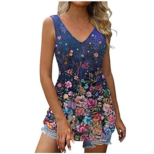 Longshirt Damen Sommer Tank Top Casual Ärmellose T Shirt Locker V-Ausschnitt Oberteile Sexy Hohe Taille Weste Tunika Blusentop Blumen Druck Bluse Tops Elegant Plissiert Sommershirts von EMATOP