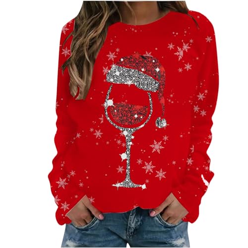 Lustig Weihnachtspulli Damen Langarm Rundhals Langarmshirt Lässig Baggy Sweatshirt Baumwolle Elegant Weihnachtspullover Rotweinglas Pullover Weihnachts Shirt Angebote des Tages Heute von EMATOP