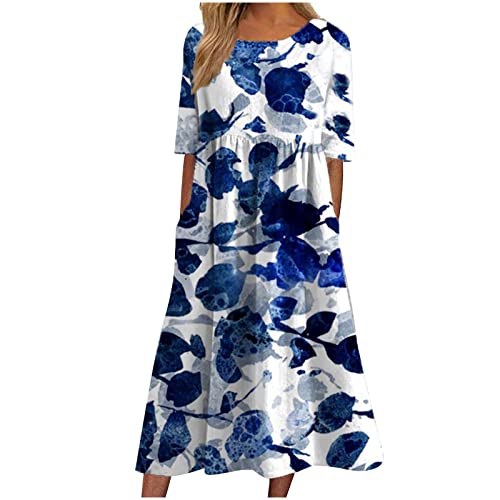 Maxikleider Damen Sommer Kurzarm Strandkleid Lang A Linie Kleider Knielang Partykleid High Waist Vintage Freizeitkleid Blumen Muster Midikleid Plissee V-Ausschnitt Shirtkleid Tunika Kleid von EMATOP