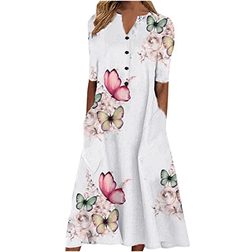 Maxikleider Damen Sommer Kurzarm Strandkleid Lang A Linie Kleider Knielang Partykleid High Waist Vintage Freizeitkleid Blumen Muster Midikleid Plissee V-Ausschnitt Shirtkleid Tunika Kleid von EMATOP