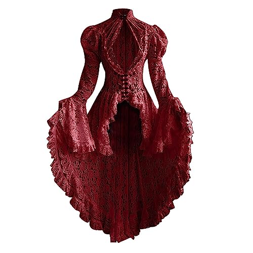 Mittelalter Kleid Damen Vintage Palast Gothic Kleidung mit Trompetenärmel Halloween Kostüm Elegant A Linie Cocktailkleid Spitzen Stehkragen Mittelalterkleid Renaissance Cosplay Abendkleid von EMATOP