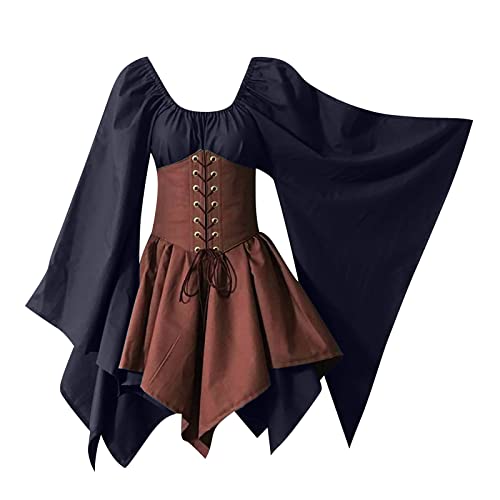 Mittelalter Kleidung Damen Vintage Gothic Kleider Elegant Langarm Partykleid Karneval Halloween Kostüm Bound Waist A Linie Abendkleid Festliches Renaissance Kleid Knielang Cocktailkleid von EMATOP