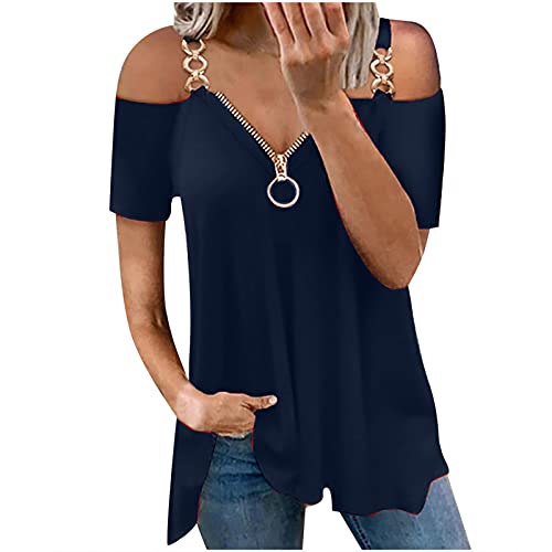 EMATOP Oberteile Damen Sexy Sommer Kurzarm T-Shirt Schulterfrei TunikaTops Plissiert V-Ausschnitt Bluse Longshirt mit Rosen Druck Blusenshirt Mode Kalte Schulter Tshirt Streetwear,Z25-dunkelblau, 5XL von EMATOP