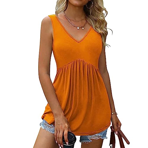 Oberteile Damen Sommer Lässig Tshirt Sexy Ärmellose Tank Top Elegant V-Ausschnitt Tunika Longshirt Baumwolle Einfarbig Bluse Tops Hohe Taille A Linie Sommershirts Weich Bequem Sportshirt von EMATOP