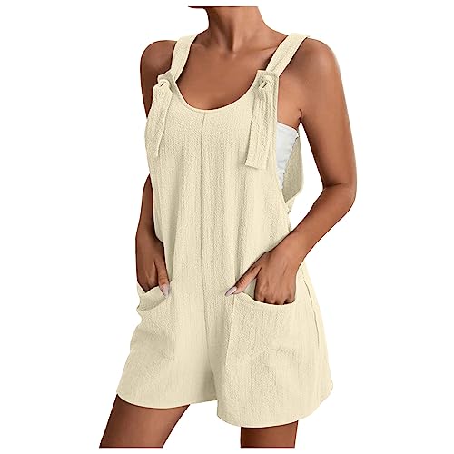 Overall Damen Sommer Kurz Jumpsuit Baumwolle Leinen Latzhosen Ärmellos Lässiger Trägerhose Elegant Leicht Einteiler Shorts Einfarbig Mode Arbeitshose mit Taschen Playsuit Sport Romper von EMATOP