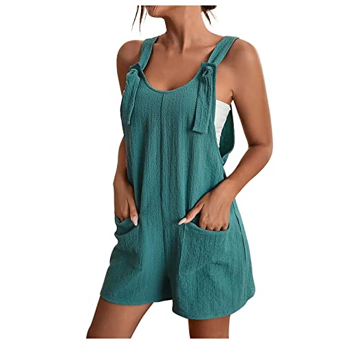 Overall Damen Sommer Kurz Jumpsuit Baumwolle Leinen Latzhosen Ärmellos Lässiger Trägerhose Elegant Leicht Einteiler Shorts Einfarbig Mode Arbeitshose mit Taschen Playsuit Sport Romper von EMATOP