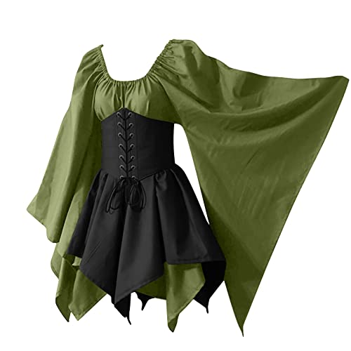 Partykleid Damen Retro A Linie Ballkleid Langarm Gothic Kleider Halloween Karneval Kostüm Knielang Mittelalter Kleidung Elegant Einfarbig Mittelalterliche Kleid Bound Waist Cocktailkleid von EMATOP