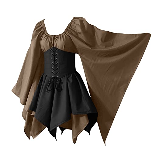 Partykleid Damen Retro A Linie Ballkleid Langarm Gothic Kleider Halloween Karneval Kostüm Knielang Mittelalter Kleidung Elegant Einfarbig Mittelalterliche Kleid Bound Waist Cocktailkleid von EMATOP