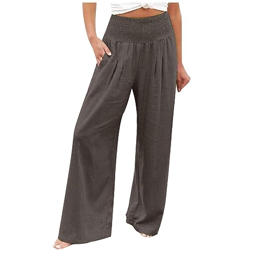 Prime Angebote Damen Weites Bein Hose Elegantes Baumwolle Sommerhose Leinen Boho Strandhose Leicht Lang Freizeithose Casual Loose Leinenhose mit Taschen Stoffhose Jogginghose von EMATOP