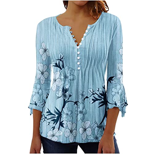 Prime Angebote Falten Longshirt Damen 3/4 Arm Elegant T-Shirt Lässig V-Ausschnitt Tunika Shirt Locker Baumwolle Oberteile Sommer Sport Bluse Tops Blumen Sommershirts Sportshirt von EMATOP