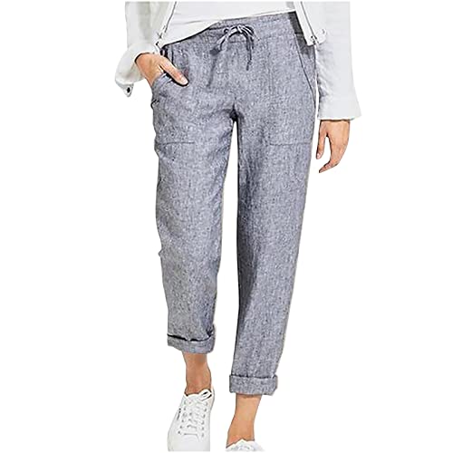 EMATOP Leichte Sommerhose Damen Casual Sport Stoffhose Einfarbig Elegant Haremshose Casual Lose Leinenhose Baumwolle Atmungsaktiv Freizeithose High Waist Sporthose mit Taschen Strandhose von EMATOP