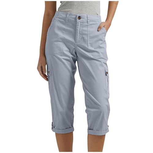EMATOP Cargohose Damen 3/4 Sommer Hose Casual Lose Wanderhose Leichte Outdoor Sporthose Vintage Einfarbig Jogginghose mit Taschen Freizeithose Elegant Baumwolle Cargo Hosen Bequem Arbeitshose von EMATOP