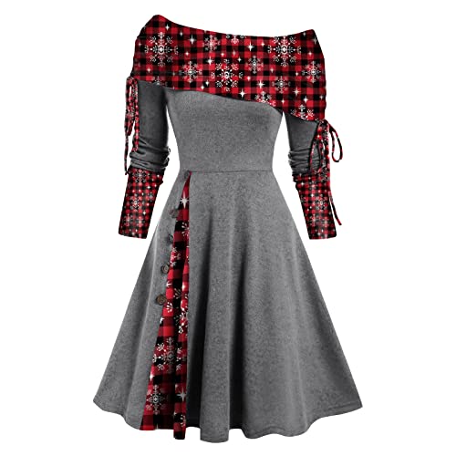 Retro Weihnachtskleid Damen Langarm Rockabilly Kleid Sexy Schulterfrei Cocktailkleid Hohe Taille Elegant Partykleid Kariertes A Linie Kleider Schneeflocke Muster Ballkleid Faltenrock von EMATOP