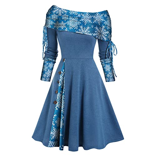 Retro Weihnachtskleid Damen Langarm Rockabilly Kleid Sexy Schulterfrei Cocktailkleid Hohe Taille Elegant Partykleid Kariertes A Linie Kleider Schneeflocke Muster Ballkleid Faltenrock von EMATOP