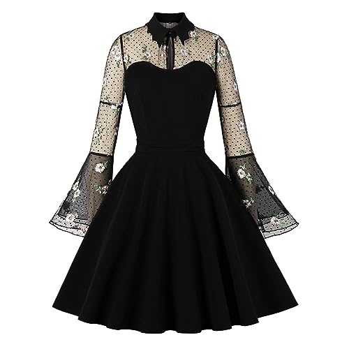 Rockabilly Kleider Damen 50er Jahre Vintage Coctailkleid Spitze Langarm Partykleid Elegant A Linie Kleid Knielang Ballkleid Hohe Taille Abendkleid Retro Faltenkleid für Hochzeit Festlich von EMATOP