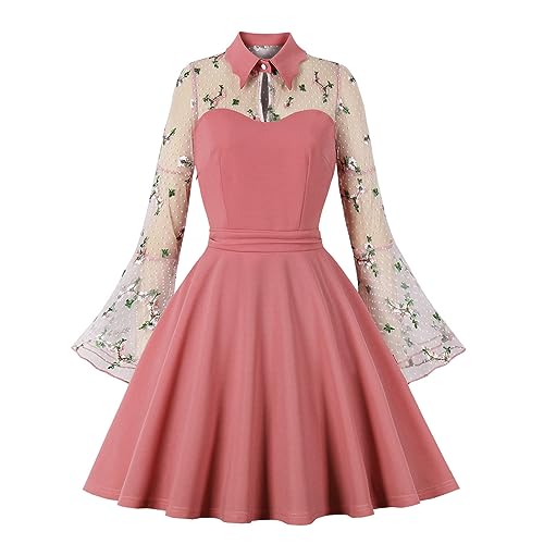 Rockabilly Kleider Damen 50er Jahre Vintage Coctailkleid Spitze Langarm Partykleid Elegant A Linie Kleid Knielang Ballkleid Hohe Taille Abendkleid Retro Faltenkleid für Hochzeit Festlich von EMATOP