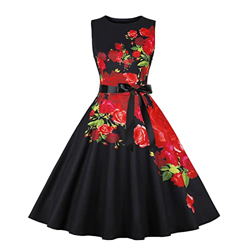 Rockabilly Kleider Damen Elegant Abendkleid 1950er Jahre Hepburn Stil Cocktailkleid Sommer A-Linie Partykleid Vintage Hohe Taille Strandkleid Sexy Ärmellos Blumenkleid Knielang Ballkleid von EMATOP