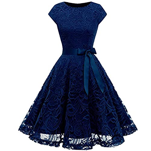 Rockabilly Kleider Damen Vintage A Linie Spitzenkleid Knielang Elegant Abendkleid Rundhals Kurzarm Minikleid Hohe Taille Vintage Partykleid mit Gürtel Ballkleid 50er Jahre Cocktailkleid von EMATOP