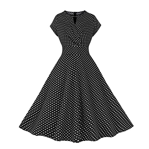 Rockabilly Kleider Damen Vintage Cocktailkleid Hohe Taille A-Line Petticoat Kleid 50er Jahre Festlich Ballkleid Retro Elegant Partykleid Rundhals Kurzarm Abendkleid Knielang Faltenrock von EMATOP