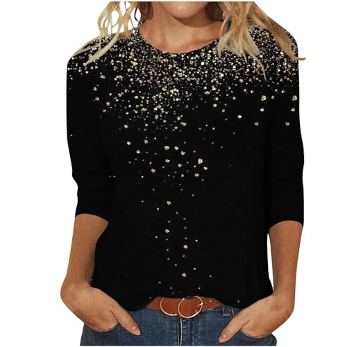 Tshirt Damen 3/4 Arm Pailletten Oberteil Shirt Lässig Rundhals Tunika Longshirt Festliche Glitzer Langarmshirt Elegant Bluse Tops Neuartige Drucke Sommershirt Baumwolle Liebe Sportshirt von EMATOP
