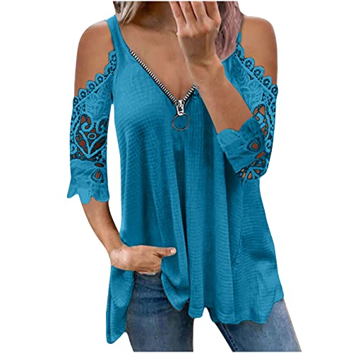 Sexy Oberteil Damen Kurzarm T-Shirt Sommer Schulterfrei Bluse Top V-Ausschnitt Reißverschluss Tunika Blusenshirt mit Spitze Ärmel Longshirt Mode Einfarbig Tshirt Elegant Falten Streetwear von EMATOP